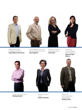 Diretoria da Unidade              Vice-Presidência Comercial e      Diretoria de Pesquisa         Diretoria de
de Negócios Genéricos             de Operações Internacionais       & Desenvolvimento             Sustentabilidade
Jorge Alberto Alves de Sá         Julio Gagliardi                   Kati Chaim                    & Novos Negócios
                                                                                                  maria del Pilar
                                                                                                  muñoz




      Diretoria de Supply Chain                  Diretoria Industrial                       Diretoria de
      Rodrigo Alponti                            Itapevi                                    Internacionalização
                                                 tacyana Salomão                            & Exportações
                                                                                            Wesley Pontes




                                                                                                      EUROFARMA RS 2012
 