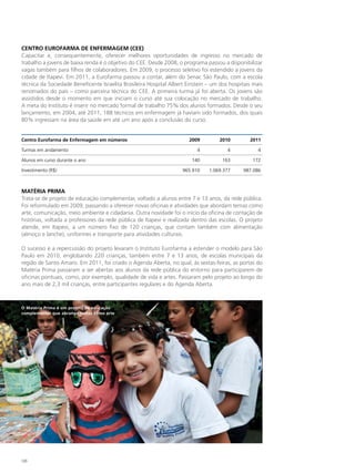 CENTRO EUROFARMA DE ENFERMAGEM (CEE)
Capacitar e, consequentemente, oferecer melhores oportunidades de ingresso no mercado de
trabalho a jovens de baixa renda é o objetivo do CEE. Desde 2008, o programa passou a disponibilizar
vagas também para filhos de colaboradores. Em 2009, o processo seletivo foi estendido a jovens da
cidade de Itapevi. Em 2011, a Eurofarma passou a contar, além do Senac São Paulo, com a escola
técnica da Sociedade Beneficente Israelita Brasileira Hospital Albert Einstein – um dos hospitais mais
renomados do país – como parceira técnica do CEE. A primeira turma já foi aberta. Os jovens são
assistidos desde o momento em que iniciam o curso até sua colocação no mercado de trabalho.
A meta do Instituto é inserir no mercado formal de trabalho 75% dos alunos formados. Desde o seu
lançamento, em 2004, até 2011, 188 técnicos em enfermagem já haviam sido formados, dos quais
80% ingressam na área da saúde em até um ano após a conclusão do curso.


Centro Eurofarma de Enfermagem em números                              2009        2010         2011

Turmas em andamento                                                       4            4            4

Alunos em curso durante o ano                                           140          163         172

Investimento (R$)                                                   965.910    1.069.377     987.086



MATÉRIA PRIMA
Trata-se de projeto de educação complementar, voltado a alunos entre 7 e 13 anos, da rede pública.
Foi reformulado em 2009, passando a oferecer novas oficinas e atividades que abordam temas como
arte, comunicação, meio ambiente e cidadania. Outra novidade foi o início da oficina de contação de
histórias, voltada a professores da rede pública de Itapevi e realizada dentro das escolas. O projeto
atende, em Itapevi, a um número fixo de 120 crianças, que contam também com alimentação
(almoço e lanche), uniformes e transporte para atividades culturais.

O sucesso e a repercussão do projeto levaram o Instituto Eurofarma a estender o modelo para São
Paulo em 2010, englobando 220 crianças, também entre 7 e 13 anos, de escolas municipais da
região de Santo Amaro. Em 2011, foi criado o Agenda Aberta, no qual, às sextas-feiras, as portas do
Matéria Prima passaram a ser abertas aos alunos da rede pública do entorno para participarem de
oficinas pontuais, como, por exemplo, qualidade de vida e artes. Passaram pelo projeto ao longo do
ano mais de 2,3 mil crianças, entre participantes regulares e do Agenda Aberta.



O Matéria Prima é um projeto de educação
complementar que abrange temas como arte




136
 