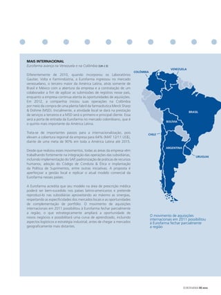 mAIS INteRNACIoNAl
Eurofarma avança na Venezuela e na Colômbia [GRI 2.9]
                                                                                                   VENEZUELA
                                                                            COLÔMBIA
Diferentemente de 2010, quando incorporou os Laboratórios
Gautier, Volta e Farmindústria, a Eurofarma ingressou no mercado
venezuelano, o terceiro maior da América Latina, atrás somente de
Brasil e México com a abertura da empresa e a contratação de um
colaborador a fim de agilizar as submissões de registros nesse país,
enquanto a empresa continua atenta às oportunidades de aquisições.
Em 2012, a companhia iniciou suas operações na Colômbia
por meio da compra de uma planta fabril da farmacêutica Merck Sharp
& Dohme (MSD). Inicialmente, a atividade local se dará na prestação                                             BRASIL
de serviços a terceiros e a MSD será o primeiro e principal cliente. Essa
será a porta de entrada da Eurofarma no mercado colombiano, que é
                                                                                                 BOLÍVIA
o quinto mais importante da América Latina.

Trata-se de importantes passos para a internacionalização, pois                    CHILE
elevam a cobertura regional da empresa para 64% (MAT 12/11 US$),
diante de uma meta de 90% em toda a América Latina até 2015.
                                                                                                 ARGENTINA
Desde que realizou esses movimentos, todas as áreas da empresa vêm
trabalhando fortemente na integração das operações das subsidiárias,                                                 URUGUAI
incluindo implementação do SAP, padronização de práticas de recursos
humanos, adoção do Código de Conduta & Ética e implantação
da Política de Suprimentos, entre outras iniciativas. A proposta é
aperfeiçoar a gestão local e replicar o atual modelo comercial da
Eurofarma nesses países.

A Eurofarma acredita que seu modelo na área de prescrição médica
poderá ser bem-sucedido nos países latino-americanos e pretende
reproduzi-lo nas subsidiárias aproveitando ao máximo as sinergias,
respeitando as especificidades dos mercados locais e as oportunidades
de complementação de portfólio. O movimento de aquisições
internacionais em 2011 possibilitou à Eurofarma fechar parcialmente
a região, o que estrategicamente ampliará a oportunidade de
novos negócios e possibilitará uma curva de aprendizado, incluindo                     O movimento de aquisições
                                                                                       internacionais em 2011 possibilitou
aspectos logísticos e estratégia industrial, antes de chegar a mercados                à Eurofarma fechar parcialmente
geograficamente mais distantes.                                                        a região




                                                                                                             EUROFARMA RS 2012
 