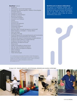 Benefícios1 [GRI LA3]                                                              Benefícios para os demais colaboradores
»» Academia                                                                        Aos poucos, as subsidiárias também vêm se
»» Alimentação Fracionada (gestantes)                                              beneficiando com o alinhamento das práticas e
»» Aparelho de Ultrassonagrafia + Médico Ginecologista                             benefícios de Recursos Humanos da Eurofarma.
   (Unidade Itapevi)                                                               Hoje em dia, todos já contam com horário
»» Assistência Funeral                                                             flexível, assistência médica, bolsa de idiomas,
»» Assistência Odontológica                                                        treinamentos, entre outros.
»» Benefício Farmácia
»» Caminhada Ecológica
»» Convênio com Parques
»» Creche
»» Empréstimos
»» Encontro de Gestantes
»» Estacionamento
»» Fisioterapia (Itapevi)2
»» Horário Flexível
»» Nutrição Sabor & Saúde (programa nutricional)
»» Pilates (Itapevi e Unidade 2 – Campo Belo) 2
»» Plano de Saúde
»» Previdência Privada
»» Proafa (Programa de Acompanhamento aos Funcionários
   Afastados por Doença/Acidente do Trabalho)
»» Programa de Apoio à Amamentação (colaboradoras)
»» Programa Olhar Materno (colaboradoras)
»» Programa Vida Nova, Nova Vida
»» Reembolso de Material Escolar
»» Restaurante
»» Saídas Antecipadas às Sextas-Feiras
»» Sala de Jogos (Unidade de Itapevi)
»» Sala de Leitura (Unidade de Itapevi)
»» Salão de Beleza
»» Seguro de Vida
»» Ticket Alimentação

  1. Os colaboradores temporários têm direito a Ticket Alimentação e
  não são contemplados na política geral de benefícios. Os Médicos do
  Trabalho têm jornada de meio período e acesso a todos os benefícios
  descritos,exceto às saídas antecipadas às sextas-feiras.
  2. Novidades de 2011.




Da esq.p/ a dir.: Exame de audiometria, sala de fisioterapia, ambulatório para consultas e sala de jogos




                                                                                                                  EUROFARMA RS 2012
 