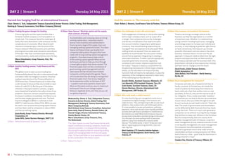 12 | The leading international treasury event for the Americas
DAY 2 | Stream 3 Thursday 14 May 2015 DAY 2 | Stream 4 Thursday 14 May 2015
2:00pm	Finding the game changer for funding
	Convincing banks and the capital markets that a
formerly troubled company is re-financeable is no
simple task. This treasurer faced the challenges of
banks that were themselves under pressure and the
complications of covenants. What role did credit
insurance companies play in the structure of the
finance solution? Effective business and cash flow
planning and accurate asset valuations were all part
of the plan. Hear how consistent (and persistent)
communications, clarity and consensus won the day.
	Marco Schuchmann, Group Treasurer, Vion, The
Netherlands
2:40pm	Another funding avenue: Trade finance and the
BPO
	The global move to open account trading has
fundamentally altered the risks in international trade
and sellers need risk mitigation products. Brazilian
soybean exporters burnt by Chinese defaulters in
2014 know that. Chinese buyers put in orders they
could not pay for because they were unable to open
letters of credit (LCs). But because of the delays
inherent in the paper-based LC process, cargoes
were dispatched long before the sellers knew of any
problems. Electronic versions would have exposed
the buyers’ problems immediately. And there is one
and has been largely ignored until now. The Bank
Payment Obligation (BPO) in combination with
SWIFT’s Trade Services Utility (TSU). BPOs can also
be used in non-recourse discounting export finance
and have been used by companies to reduce DSOs
and free up working capital.
	Jayna Bundy, Group Treasury Director, Microsoft
Corporation, US
James Wills, Senior Business Manager, SWIFT, US
3:20pm	Refreshment break  Speakers’ Corner
2:00pm	Key challenges in spin-offs and mergers
	Early engagement of treasury is critical when dealing
with a major company event, such as a spin-off or
a merger. Here companies discuss the challenges
and the key considerations that need to be taken
into account whether integrating or splitting out
a treasury. How should banking relationships be
managed? How are expenses to be allocated? What
staffing levels are required? How are assets and
liabilities to be attributed? This discussion centers
around how to approach integrating or creating a
stand-alone business. In either case the appropriate
corporate governance structures, regulatory
compliance and investor relations expertise must
be in place. Treasury is clearly a crucial element in
the planning and execution in these major company
events, as not only does it run many of the key
functions that will need to be replicated, it is also the
repository of the intelligence required to make many
of the underlying business decisions.
	Jennifer Winkle, Assistant Treasurer, Albemarle, US
Lars Neverdal, VP  Assistant Treasurer, Tyco, US
Scott Hunter, Assistant Treasurer, Zoetis, US
Dorene Martinez, Director, International Cash
Management, BNP Paribas, US
2:40pm	Who really needs a mobile treasury?
	It’s clear that the big cash management banks have a
comprehensive digital strategy in their treasury and
trade divisions. They are beginning to offer private cloud
platforms, data analysis tools and mobile applications.
It is now possible to access cash positions, authorize
payments, move cash around in your liquidity portfolios
and execute trade finance and eBam on mobile devices.
But what do you need? What kind of treasury requires
its executives to be able to do these things on the move?
Or is this part of a more profound shift in execution
platform, away from desktop PCs towards tablet
devices? This mobile world, in which ‘bring-your-own-
device’ is gaining ground, brings benefits, costs and
risks. Big risks.
	Mark Stapleton, CTP, Executive Solution Engineer –
Treasury  Risk Management, North America, SAP
America, US
3:20pm	Refreshment break  Speakers’ Corner
4:00pm	Open Spaces | Working capital and the supply
chain avenues of funding
	
As shareholders put increasing value on strong
working capital ratios, corporates need to
be ever more inventive and sophisticated in
financing every stage of the supply chain and
managing working capital end to end. This Open
Spaces will feature three case studies from
companies talking about the gains they have
made with strong working capital management
programs. How does treasury take control
of the working capital agenda? What are the
techniques and tips to help you drive through
a meaningful program that shows results? The
financial supply chain can be a cornerstone of
good working capital management and this
open spaces format will also have multiple
companies contributing to the agenda. Topics
will include what they are doing to manage their
financial supply chain: how do you negotiate
the fundamental conflict at the heart of SCF
– suppliers want early payment, buyers late?
What are the latest practical, easy to implement
techniques? How do you change supplier
behavior, negotiate terms, etc? How do you roll
out global programs?
	Moderated by: Dennis A. Tosh, Independent Treasury
Executive  former Director, Global Trading, Risk
Management, Banking  Treasury Governance, Ford
Motor Company (Retired)
Mark Kirkland, Group Treasurer, Constellium, Switzerland
James Kelly, Head of Treasury, Rentokil Initial, UK
Yannick Croiger, Director International Treasury,
Stanley Black  Decker, US
Marco Schuchmann, Group Treasurer, Vion,
The Netherlands
	This Open Spaces is a new EuroFinance format with
expert contributors including companies, banks and
solutions providers, in a relaxed informal setting
discussing the opportunities for improving working
capital and managing better the financial supply
chain. Sit back and listen or raise questions and add
to the conversation: the choice is yours.
5:20pm	Adjourn to day 3
4:00pm	How treasury can transform the business
	Treasury becoming a strategic partner to the
business can help the organization in a number
of important ways. Whether it is implementing
strong controls including fraud issues, managing
a technology project to increase cash visibility and
accuracy, or even helping to guide the right choices
on bank connectivity, the treasurer can provide
powerful information and core value to the entire
business. However there is no one-size-fits-all
approach. A treasurer needs to determine the right
projects and objectives that can help transform
how treasury operates and the business itself. This
presentation will look at how treasury has initiated,
and been part of, change across the board.
	David Franks, Global Treasury Systems,
Delphi Automotive, US
Steve Bullock, Vice President – North America,
Kyriba, US
4:40pm	Asset management for treasurers?
	Corporate cash piles are a headache but they’re
hardly a surprise. In Europe they are mostly the
result of a desire to move away from reliance on
bank credit and a fear that another crisis is a real
possibility. In the US, they are the natural result of
tax mitigation. If you create essentially ‘stateless’
income that you can book in the low-tax jurisdiction
of your choice, then you forfeit the right to be able
to use it as easily as cash taxed in the US. That’s the
deal. The wrath of governments and shareholders
can be deflected by debt-financed share-buy-backs
and by the truth. There isn’t much cash-generative
companies can do without incurring the tax charges
that led them to keep cash offshore in the first place.
But this fundamentally alters the nature of the
liquidity management part of treasury. Long-term
asset management of truly material amounts of cash
is not liquidity management. It’s asset management.
Do companies have the expertise and systems
required to generate returns that make sense for
shareholders without running excessive risk? What
level of returns is that – given that the benchmark is
losing a third of it in tax?
	Candace Hsu, Director of Treasury, VMware, US
5:20pm	Adjourn to day 3
Harvest low hanging fruit for an international treasury
Chair: Dennis A. Tosh, Independent Treasury Executive  former Director, Global Trading, Risk Management,
Banking  Treasury Governance, Ford Motor Company (Retired)
And the answer is: The treasury wish list
Chair: Robert J. Novaria, EuroFinance Tutor  Partner, Treasury Alliance Group, US
 