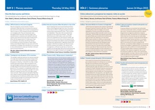 The leading international treasury event for the Americas | 9
DÍA 2 | Sesiones plenarias Jueves 14 Mayo 2015DAY 2 | Plenary sessions Thursday 14 May 2015
How the best survive and thrive
This morning looks at how companies can and are charting a course for the future based on change.
Chair: Robert J. Novaria, EuroFinance Tutor  Partner, Treasury Alliance Group, US
8:00am	Refreshments and exhibition opens
9:00am	Difficult choices on the road to longevity
	How do companies survive periods of intense
dislocation? Meet Alec Ross. He advises the political
elite about technology and innovation and geopolitics.
Hear his views on how companies should understand
our changing world. How can businesses seize
the opportunities that will come from large-scale
transformation in industries and markets? How will
robotics and machine learning impact employment?
What will the weaponization of cyberspace mean
for companies? This author was Senior Advisor
for Innovation to former Secretary of State Hillary
Clinton and to Barack Obama for two years of his first
presidential campaign. Ross will take you on a journey
to show where best to invest your business’ time and
how to survive and thrive.
	Alec Ross, Author  Senior Advisor for Innovation
to Hillary Clinton
9:40am	Creating your own disruption: CFO in transition
	This speaker made the transition from group treasurer
of a large well-established web-based company (that
was once itself a start-up business that significantly
disrupted an industry), to the CFO of a small, nimble
and fast-growing company. With the benefit of not
having the legacy systems and thought processes of
an older player he has had the chance to build from the
ground up. This company is considerably smaller, and
that means the finance team gets oversight over many
different corporate functions from HR, legal, supply
chain and more. With a dynamic attitude of ‘best idea
wins’, there’s scope for broadening the traditional role
and stepping out of traditional comfort zones. How has
a wide treasury background informed the choices he’s
made and what lessons can he share?
	Jason Bristow, CFO, Code42, US
10:20am	Refreshment break  Speakers’ Corner
8:00am	Refrigerios y apertura de la exposición
9:00am	Elecciones difíciles en el camino a la longevidad
	¿Cómo hacen las empresas para sobrevivir períodos de
disrupción intensos? Conozca a Alec Ross. Él aconseja
a la élite política sobre tecnología e innovación
y geopolítica. Escuche sus puntos de vista sobre
cómo las empresas deben entender nuestro mundo
cambiante. ¿Cómo pueden las empresas aprovechar
las oportunidades que vendrán de la transformación
a gran escala en las industrias y los mercados?
¿Qué impacto tendrán la robótica y el aprendizaje
de máquinas sobre el empleo? ¿Qué consecuencias
tendrá la armamentización del ciberespacio para
las empresas? Este autor fue Asesor Principal de
Innovación para la ex Secretaria de Estado Hillary
Clinton y para Barack Obama durante dos años de su
primera campaña presidencial. Ross le llevará en un
viaje para mostrarle dónde es mejor invertir el tiempo
de su negocio y cómo sobrevivir y prosperar.
	Alec Ross, Author  Senior Advisor for Innovation
to Hillary Clinton
9:40am	Creando su propia disrupción: CFO en transición
	Este orador hizo la transición de Tesorero de una
gran empresa basada en la web (que en su momento
también fue una empresa nueva que trastocó
significativamente una industria), a CFO de una
empresa pequeña, ágil y de rápido crecimiento. Con la
ventaja de no haber heredado sistemas o procesos de
pensamiento de una empresa anterior, ha tenido la
oportunidad de construir desde cero. Esta empresa es
considerablemente más pequeña, y eso significa que
el equipo de finanzas recibe supervisión sobre muchas
funciones corporativas diferentes de parte de recursos
humanos, legal, cadena de suministro y otros. Con una
actitud dinámica de ‘la mejor idea gana’, hay margen
para ampliar el rol tradicional y salir de las zonas de
confort tradicionales. ¿Cómo una amplia experiencia
en tesorería ha podido ilustrar las elecciones que ha
hecho y qué lecciones puede compartir?
	Jason Bristow, CFO, Code42, US
10:20am	Pausa para refrigerio  Speakers’ Corner
11:00am	And now in practice: When disruption is a fact of life
	Sector-leading firms have faced existential threats
before and emerged stronger than ever. One reason
is that they are able to manage existing businesses
without becoming enslaved by them. They confront
cannibalization. They select the innovations that
are right for their sector and situation. They take
difficult decisions with today’s cash cows if they
cannot be integrated into new business models. But
they do not focus on the future at the expense of the
present. Businesses must adapt to new technological
developments, globalization, regulatory attacks and
changes in the financial system, but they must also
maintain stability and viability. This requires real
management, as threats can be seen as reasons to
suspend normal spending, ROI and business planning
KPIs and to lose sight of prudent risk management.
	Mark Kirkland, Group Treasurer, Constellium, Switzerland
11:40am	Treasury verdict: Taking treasury’s temperature
	
For this year’s event, we have advance polled you on
the key topics facing treasurers, with an emphasis on
your role as your company’s guide through the
current maelstrom of change. We have collated your
responses and our panel of treasurers will reveal your
answers on some of the key issues you have voted on.
Share your thoughts with your peers and colleagues
by voting in this session on key trends, risks and
opportunities in Asia. Join this up-to-the minute
discussion and help us delve deeper into your
thoughts and the issues faced by you and your peers.
Sponsored by:
	Jason Bristow, CFO, Code42, US
Marcelo Habibe, Treasurer, Fibria, Brazil
Suresh Subramanian, Head of Global Transaction
Banking, BNP Paribas, US
12:20pm	Lunch
2:00pm	Conference breaks into streams
	
11:00am	Y ahora en la práctica: Cuando la disrupción es un
hecho de la vida
	Empresas líderes en sus sectores han enfrentado
amenazas existenciales antes y emergido más fuertes
que nunca. Una de las razones es que son capaces
de gestionar los negocios existentes sin dejarse
esclavizar por ellos. Se enfrentan a la canibalización.
Seleccionan las innovaciones que son adecuadas
para su sector y situación. Toman decisiones difíciles
con sus principales fuentes de dinero si no pueden
integrarse en los nuevos modelos de negocio. Pero
ellos no se centran en el futuro a expensas del
presente. Las empresas deben adaptarse a los nuevos
avances tecnológicos, la globalización, los ataques de
regulaciones y los cambios en el sistema financiero,
sino que también deben mantener la estabilidad y
viabilidad. Esto requiere una gestión real, ya que
las amenazas pueden ser vistas como razones para
suspender gastos normales, retornos sobre inversión,
y KPIs de planificación empresarial y para perder de
vista de la gestión prudente riesgos.
	Mark Kirkland, Group Treasurer, Constellium,
Switzerland
11:40am	Veredicto de la tesorería: tomar la temperatura de
la tesorería
	
Para el evento de este año, hemos realizado una
encuesta previa sobre los asuntos claves que
enfrentan los tesoreros, con el énfasis puesto en
su papel como guía de su empresa para atravesar
la actual vorágine de cambios. Hemos recopilado
sus respuestas y nuestro panel de tesoreros
revelará aquellas sobre algunos de los asuntos
claves sobre los que se ha votado. Súmese a este
debate de máxima actualidad y ayúdenos a
ahondar en su pensamiento y los temas que
enfrentan usted y sus pares.
Sponsored by:
	Jason Bristow, CFO, Code42, US
Marcelo Habibe, Treasurer, Fibria, Brazil
Suresh Subramanian, Head of Global Transaction
Banking, BNP Paribas, US
12:20pm	Almuerzo
2:00pm	La conferencia se divide en secciones
	
Cómo sobreviven y prosperan los mejores: éxito en acción
Esta mañana examina cómo las empresas pueden y estan trazando un rumbo para el futuro basándose en el cambio.
Chair: Robert J. Novaria, EuroFinance Tutor  Partner, Treasury Alliance Group, US
TRADUCCIÓNAL ESPAÑOL
Join our LinkedIn group:
eurofinance.com/linkedin
 