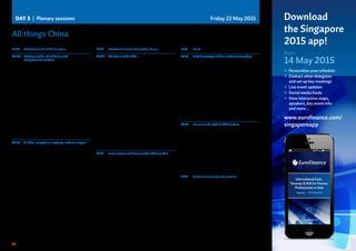 10 | The most prestigious treasury and finance event in Asia
DAY 3 | Plenary sessions Friday 22 May 2015
08:00	Refreshment and exhibition opens
09:00	Darkness at the end of the tunnel?
Doing business in China
	Profits and margins in China have been exceptional
for many MNCs. Some auto giants depend on China
for most of their growth. Some retailers’ margins in
China have been three times that of Europe and it
remains the number one destination for foreign direct
investment. But are firms right to rely so heavily on it?
First, China is clamping down on corporates perceived
to be earning excessive profits. More worrying, these
profits have only been generated in what could be an
artificial, credit bubble, economy. Right now, they may
mask the risks and difficulties of operating in a market
with opaque laws and regulation, an all-powerful
state and serious problems of corruption and IP
infringement. But add a prolonged slowdown in the
housing market, or a necessary tightening of credit
conditions in the bank and shadow bank sectors or
global economic stagnation, and how long will profits
in China compensate for the risks?
	David Cui, Managing Director, Head of China Equity
Strategy, Bank of America Merrill Lynch, Singapore
09:30	A riddle, wrapped in a mystery, inside an enigma
	What is really happening inside China’s bank and
shadow bank systems? That’s the question taxing
those who want to understand the country’s likely
political and economic path. Some things are clear:
credit growth has been astonishing. With PBOC
injections keeping loan growth going, can reported
NPLs of one per cent be correct? Bank profit growth is
slowing, even the China Banking Association admits
liquidity and credit risks are rising as the economy
slows and currency liberalisation continues. For some,
a banking crisis is almost certain. For others, while a
banking crisis is unlikely, debt levels are much too high
and a further sharp slowdown is inevitable. For others
still, the issues are manageable and with the right
reforms growth can be maintained at seven percent.
The most pressing problem is deciding the extent of
the credit problem and its impact on future growth.
	Michael Pettis, Author  Finance Professor, Guanghua
School of Peking University, Beijing
10:10	Refreshment break and Speakers’ Corner
10:40	The future of the RMB
	The speed with which the RMB hurtles towards full
convertibility is impressive. The Chinese currency
accounts for an ever increasing proportion of world
trade and at least 60 central banks now have reserve
exposure to it. What would be the catalyst to change
the RMB into a fully-fledged currency overnight?
This panel will look at the bigger picture of renminbi
deregulation and the role of various centres like
Singapore that treasurers should be aware of and
make use of the opportunities. Are companies still
reluctant or ill informed about the benefits of using
offshore RMB products? This session will offer the
latest information.
	Moderator: Motasim Iqbal, Managing Director, Head,
Transaction Banking Singapore, Standard Chartered
Bank, Singapore
Valerie Tay, Executive Director, International
Department, MAS, Singapore
Chris Ke, Managing Director, Sinopec Century Bright
Capital Investment (Singapore) Pte. Ltd, Singapore
Sam Xu, Managing Director, Head, Transaction
Banking, Standard Chartered Bank, China
Carmen Ling, M.D. Head of RMB Solutions, Corporate
 Institutional, Standard Chartered Bank, Singapore
11:30	From treasurer to finance leader: China to Asia
	What’s it like to be the treasurer in a market where
most of the companies in the world have a play?
How do you stand out from the crowd and make a
real difference? This former treasurer for China and
now finance director for Asia will talk about how
to become a partner to the business in China and
how to transform your role into one of leadership.
To be strategic you also need to be more than
an operations support function, you should be
evaluating market issues to turn that into a strategic
asset for the business. What are the lessons learned
from operating in the China marketplace?
	Sean Feng, Finance Director, Continental China 
Automotive Asia, China
12:10	Lunch
13:10	Solid knowledge of China makes treasury flow
	Doing business in China requires gathering knowledge
and acting on it continuously. This speaker has been
overseeing treasury operations for a number of years
in China He will discuss his various roles in managing
banking relationships and the mix and limitations
of using both foreign and local banks. Hear how he
believes that no one bank can provide a one-stop
solution to resolving corporate problems in managing
liquidity, supplier financing, common trade finance
instruments and bank acceptance drafts. Bearing
that in mind, how does a company employ best
practice on these aspects? How do you overcome
your bank limitations? He will share common pitfalls
encountered in complying with SAFE and tax rules,
particularly with regards to FX transactions.
	Tony Lam, Asia Treasurer, Valspar, Hong Kong
13:50	 Pioneer on the path to RMB freedom
	Fortunately for those looking at RMB liquidity
solutions now, a number of pioneering companies
and their banks have hacked a path through the
undergrowth of written and unwritten rules and
created workable structures and processes onshore
and offshore. This company has simplified its Chinese
operations by using RMB cross-border POBO/ROBO
and RMB nettings to centralise payments under a
single bank account. Here they explain how they
arrived at the solution, the key steps in design and
implementation and why the solutions fit their needs.
	Jackson Xu, Regional Treasurer, Alstom, Singapore
14:30	Conference summary and questions
All things China
Chaired by: David Blair, EuroFinance Tutor  MD, Acarate, Singapore
Download
the Singapore
2015 app!
from
14 May 2015
	 Personalise your schedule
	Contact other delegates
and set up key meetings
	 Live event updates
	Social media feeds
	View interactive maps,
speakers, key event info
and more...
www.eurofinance.com/
singaporeapp
 