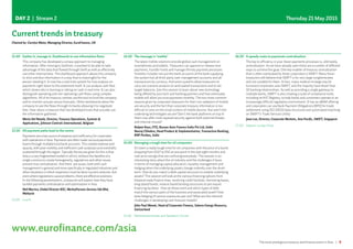 The most prestigious treasury and finance event in Asia | 9
11:40	Gather it, manage it: Dashboards to use information flows
	This company has developed a unique approach to managing
information. After moving to Swiftnet, it wanted to be able to take
advantage of the data that flowed through Swift as well as effectively
use other internal data. This dashboard approach allows the company
to slice and dice information in a way that is meaningful for the
person needing it. It now has a real time system for true analysis on
payments right down to the statement itself. It can analyse cash flow
which shows who is burning or sitting on cash in real time. It can also
distinguish operating and non-operating cash flows using complex
algorithms. All of its treasury centres use the tool to fund the company
and to monitor actuals versus forecasts. Other dashboards allow the
company to see the flows through its banks allowing it to negotiate
fees. Hear about a treasury that has developed tools that actually use
the information gathered.
	Mario Del Natale, Director, Treasury Operations, Systems 
Applications, Johnson Controls International, Belgium
12:20	All payment paths lead to the centre
	Payments are a key source of expense and inefficiency for corporates
with operations in Asia. Payments are often made via local payments
teams through multiple local bank accounts. This creates expense and
opacity, with poor visibility and inefficient cash surpluses and overdrafts
scattered through the region. Typically the excuse given for this is that
Asia is a very fragmented market in which, without the benefits of a
single currency to create homogeneity, regulations and other issues
prevent true centralisation. And there are issues, both with cash
management in general and more specifically in regulated industries and
other situations in which expansion must be done via joint ventures. But
even where regulations cause problems, there are effective solutions.
In the following presentations, a treasurer will explain how they have
tackled payments centralisation and optimisation in Asia.
	Neil Morrice, Global Director BSC, WorleyParsons Services Sdn Bhd,
Malaysia
13:00	Lunch
14:20	The message is ‘mobile’
	The latest mobile solutions provide global cash management on
smartphones and tablets. Treasurers can approve or release wire
payments, transfer funds and manage the key payment processes.
Visibility includes not just the bank accounts of the bank supplying
the system but all third-party cash management accounts and all
transactions by currency. And some systems allow treasurers to
carry out scenario analysis on anticipated transactions and to set
target balances. Join this session to learn about new technology
being offered by your tech and banking partners and how eventually
mobile will allow you true payments mobility. The two most common
reasons given by corporate treasurers for their non-adoption of mobile
are security and the fact that corporate treasury information is too
difficult to view on the small screens of mobile devices. But aren’t the
underlying technologies secure? Don’t the bank platforms on top of
them now offer multi-layered security against both external threats
and internal misuse?
	Baljeet Kaur, CFO, Bussan Auto Finance India Pvt Ltd, India
Neeraj Chhabra, Head Product  Implementation, Transaction Banking,
BNP Paribas, India
15:00	Managing a tough time for oil companies
	It’s been a really tough time for oil companies with the price of a barrel
dropping from $107 to $50 at one point in the last eight months and
now price swings that are confusing everybody. This session is an
interesting story about the oil industry and the challenges it faces
in terms of managing capital allocation, liquidity management and
hedging when the underlying assets change violently over the short-
term. How do you match a debt capital structure to volatile underlying
assets? This session will look at the various financing options from
bilateral trade finance lines, revolving credit facilities, borrowing bases,
long-dated bonds, reserve based lending structures to pre-export
financing facilities . How do these work and which types of debt
match the various parts of the business and associated asset? How
does hedging of various exposures pan out? What are the inherent
challenges in developing cash forecast models?
	John Paul Wanek, Head of Corporate Finance, Sahara Energy Resource,
Switzerland
15:40	Refreshment break and Speakers’ Corner
16:20	A speedy route to payments centralisation
	The key to efficiency in your Asian payments processes is, ultimately,
centralisation. As we have already seen there are a number of different
ways to achieve this goal. One key enabler of treasury centralisation
that is often overlooked by Asian corporates is SWIFT. Many Asian
treasurers still believe that SWIFT is for very large conglomerates
and not suitable for them. In fact, many medium to large size (in
turnover) corporates uses SWIFT, and the majority have fewer than
10 banking relationships. As well as providing a single gateway to
multiple banks, SWIFT is also creating a suite of compliance tools,
including its KYC Registry, to help banks and customers operate in an
increasingly difficult regulatory environment. It has an eBAM offering
and corporates can use Bank Payment Obligations (BPO) for trade
settlement using ISO 20022 data structures and automated matching
on SWIFT’s Trade Services Utility
	Joan Lee, Director, Corporate Markets, Asia Pacific, SWIFT, Singapore
17:00	Adjourn to day three
Current trends in treasury
Chaired by: Carolyn Meier, Managing Director, EuroFinance, UK
www.eurofinance.com/asia
DAY 2 | Stream 2 Thursday 21 May 2015
 