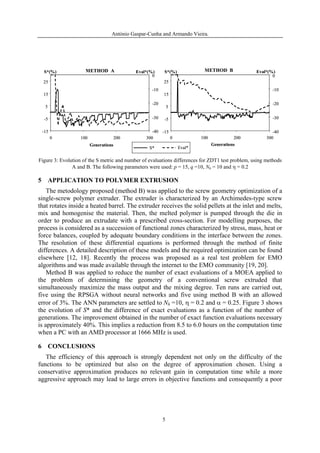 António Gaspar-Cunha and Armando Vieira.




  S*(%)              METHOD A                Eval*(%)    S*(%)             METHOD B               Eval*(%)
                                                    0                                                    0
  25                                                     25
                                                   -10                                                    -10
  15                                                     15

                                                   -20                                                    -20
   5                                                         5

  -5                                               -30   -5                                               -30


 -15                                                -40 -15                                               -40
       0           100                 200       300        0            100             200           300
                         Generations                                           Generations
                                                  S*             Eval*

Figure 3: Evolution of the S metric and number of evaluations differences for ZDT1 test problem, using methods
               A and B. The following parameters were used: p = 15, q =10, Nh = 10 and η = 0.2

5 APPLICATION TO POLYMER EXTRUSION
    The metodology proposed (method B) was applied to the screw geometry optimization of a
single-screw polymer extruder. The extruder is characterized by an Archimedes-type screw
that rotates inside a heated barrel. The extruder receives the solid pellets at the inlet and melts,
mix and homogenise the material. Then, the melted polymer is pumped through the die in
order to produce an extrudate with a prescribed cross-section. For modelling purposes, the
process is considered as a succession of functional zones characterized by stress, mass, heat or
force balances, coupled by adequate boundary conditions in the interface between the zones.
The resolution of these differential equations is performed through the method of finite
differences. A detailed description of these models and the required optimization can be found
elsewhere [12, 18]. Recently the process was proposed as a real test problem for EMO
algorithms and was made available through the internet to the EMO community [19, 20].
    Method B was applied to reduce the number of exact evaluations of a MOEA applied to
the problem of determining the geometry of a conventional screw extruded that
simultaneously maximize the mass output and the mixing degree. Ten runs are carried out,
five using the RPSGA without neural networks and five using method B with an allowed
error of 3%. The ANN parameters are settled to Nh =10, η = 0.2 and α = 0.25. Figure 3 shows
the evolution of S* and the difference of exact evaluations as a function of the number of
generations. The improvement obtained in the number of exact function evaluations necessary
is approximately 40%. This implies a reduction from 8.5 to 6.0 hours on the computation time
when a PC with an AMD processor at 1666 MHz is used.

6 CONCLUSIONS
   The efficiency of this approach is strongly dependent not only on the difficulty of the
functions to be optimized but also on the degree of approximation chosen. Using a
conservative approximation produces no relevant gain in computation time while a more
aggressive approach may lead to large errors in objective functions and consequently a poor




                                                         5
 