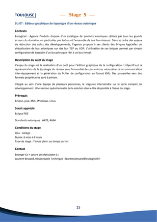 25 
TOULOUSE Stage 5 
SUJET : Editeur graphique de topologie d’un réseau avionique 
Contexte 
Eurogiciel - Agence Produits dispose d'un catalogue de produits avioniques utilisés par tous les grands acteurs du domaine, en particulier par Airbus et l'ensemble de ses fournisseurs. Dans le cadre des enjeux de réduction des coûts des développements, l’agence propose à ses clients des briques logicielles de virtualisation de bus avioniques sur des bus TCP ou UDP. L’utilisation de ces briques permet par simple configuration de basculer d’un bus physique réel à un bus virtuel. 
Description du sujet du stage 
L’enjeu du stage est la réalisation d’un outil pour l’édition graphique de la configuration. L’objectif est la représentation de la topologie du réseau avec l’ensemble des paramètres nécessaires à la communication inter-équipement et la génération du fichier de configuration au format XML. Des passerelles vers des formats propriétaires sont à prévoir. 
Intégré au sein d’une équipe de plusieurs personnes, le stagiaire interviendra sur le cycle complet de développement. Une version opérationnelle de la solution devra être disponible à l’issue du stage. 
Prérequis 
Eclipse, java, XML, Windows, Linux 
Serait apprécié 
Eclipse PDE 
Standards avioniques : A429, A664 
Conditions du stage 
Lieu : Labège 
Durée: 6 mois à 8 mois Type de stage : Temps plein ou temps partiel 
Contact 
Envoyer CV + Lettre de Motivation à : 
Laurent Bessard, Responsable Technique : laurent.bessard@eurogiciel.fr 
 