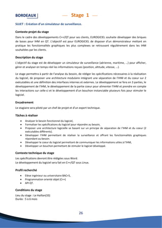 26 
BORDEAUX Stage 1 
SUJET : Création d’un simulateur de surveillance. 
Contexte projet du stage 
Dans le cadre des développements C++/QT pour ses clients, EUROGICIEL souhaite développer des briques de bases pour IHM en QT. L’objectif est pour EUROGICIEL de disposer d’un démonstrateur mettant en pratique les fonctionnalités graphiques les plus complexes se retrouvant régulièrement dans les IHM souhaitées par les clients. 
Description du stage 
L’objectif du stage est de développer un simulateur de surveillance (aérienne, maritime, …) pour afficher, gérer et analyser en temps réel les informations reçues (position, altitude, vitesse, …). 
Le stage permettra à partir de l’analyse du besoin, de rédiger les spécifications nécessaires à la réalisation du logiciel, de proposer une architecture modulaire intégrant une séparation de l’IHM et du coeur sur 2 exécutables et une définition des interfaces internes et externes. Le développement se fera en 3 parties, le développement de l’IHM, le développement de la partie coeur pour alimenter l’IHM et prendre en compte les interactions sur celle-ci et le développement d’un bouchon instanciable plusieurs fois pour stimuler le logiciel. 
Encadrement 
Le stagiaire sera piloté par un chef de projet et d’un expert technique. 
Tâches à réaliser 
 Analyser le besoin fonctionnel du logiciel, 
 Formaliser les spécifications du logiciel pour répondre au besoin, 
 Proposer une architecture logicielle se basant sur un principe de séparation de l’IHM et du coeur (2 exécutables différents). 
 Développer l’IHM permettant de réaliser la surveillance et offrant les fonctionnalités graphiques répondant au besoin. 
 Développer le coeur du logiciel permettant de communiquer les informations utiles à l’IHM, 
 Développer un bouchon permettant de stimuler le logiciel développé. 
Contexte technique du stage 
Les spécifications devront être rédigées sous Word. 
Le développement du logiciel sera fait en C++/QT sous Linux. 
Profil recherché 
 Elève ingénieur ou universitaire BAC+5, 
 Programmation orienté objet (C++) 
 API QT. 
Conditions du stage 
Lieu du stage : Le Haillan(33) 
Durée : 5 à 6 mois 
 