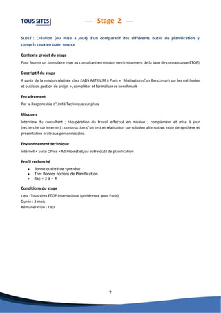 7 
TOUS SITES Stage 2 
SUJET : Création (ou mise à jour) d’un comparatif des différents outils de planification y compris ceux en open source 
Contexte projet du stage 
Pour fournir un formulaire type au consultant en mission (enrichissement de la base de connaissance ETOP) 
Descriptif du stage 
A partir de la mission réalisée chez EADS ASTRIUM à Paris « Réalisation d’un Benchmark sur les méthodes et outils de gestion de projet », compléter et formaliser ce benchmark 
Encadrement 
Par le Responsable d’Unité Technique sur place 
Missions 
Interview du consultant ; récupération du travail effectué en mission ; complément et mise à jour (recherche sur internet) ; construction d’un test et réalisation sur solution alternative; note de synthèse et présentation orale aux personnes clés. 
Environnement technique 
Internet + Suite Office + MSProject et/ou autre outil de planification 
Profil recherché 
 Bonne qualité de synthèse 
 Très Bonnes notions de Planification 
 Bac + 2 à + 4 
Conditions du stage 
Lieu : Tous sites ETOP International (préférence pour Paris) 
Durée : 3 mois 
Rémunération : TBD 
 