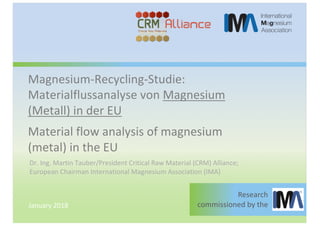 Magnesium-­‐Recycling-­‐Studie:	
  
Materialflussanalyse von	
  Magnesium	
  
(Metall)	
  in	
  der	
  EU
Material	
  flow	
  analysis	
  of	
  magnesium	
  
(metal)	
  in	
  the	
  EU
Dr. Ing.	
  Martin	
  Tauber/President	
  Critical	
  Raw	
  Material	
  (CRM)	
  Alliance;	
  
European	
  Chairman	
  International	
  Magnesium	
  Association	
  (IMA)
Research	
  
commissioned	
  by	
  theJanuary	
  2018
 