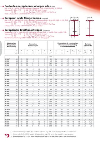 Poutrelles européennes à larges ailes                                         (suite)
Dim.: HE A, HE B et HE M 100-1000 conformes à l’Euronorme 53-62 ; HE AA 100-1000 ; HL 920-1100
Tolérances: EN 10034: 1993       HE 100 - 900 ; HE 1000 AA-M ; HL AA-R
             A6 - 02             HE avec GHE>GHE M ; HL 920 ; HL 1000 avec GHL>GHL M
Etat de surface conforme à EN 10163-3: 1991, classe C, sous-classe 1

                                                                                                                                          b                            p
European wide flange beams                                      (continued)                                                               ss
Dim.: HE A, HE B and HE M 100 - 1000 in accordance with Euronorm 53-63 ; HE AA 100 - 1000 ; HL 920 - 1100
Tolerances: EN 10034: 1993       HE 100 - 900 ; HE 1000 AA-M ; HL AA-R                                                              r
            A6 - 02              HE with GHE>GHE M ; HL 920 ; HL 1000 with GHL>GHL M
Surface condition according to EN 10163-3:1991, class C, subclass 1
                                                                                                                               h   y                d hi           y

Europäische Breitflanschträger                                 (Fortsetzung)
                                                                                                                                               tw
Abmessungen: HE A, HE B und HE M 100 - 1000 gemäß Euronorm 53-62 ; HE AA 100 - 1000 ; HL 920 - 1100
Toleranzen: EN 10034: 1993     HE 100 - 900 ; HE 1000 AA-M ; HL AA-R
            A6 - 02            HE mit GHE>GHE M ; HL 920 ; HL 1000 mit GHL>GHL M
Oberflächenbeschaffenheit gemäß EN 10163-3: 1991, Klasse C, Untergruppe 1                                                          tf     z                            z



   Désignation                                                                                          Dimensions de construction
                                                Dimensions                                                                                                  Surface
   Designation                                                                                           Dimensions for detailing
                                               Abmessungen                                                                                                 Oberfläche
   Bezeichnung                                                                                             Konstruktionsmaße

                       G        h          b          tw          tf         r          A          hi         d                         pmin        pmax    AL          AG
                                                                                                                         Ø
                     kg/m      mm         mm         mm         mm          mm        mm    2
                                                                                                  mm         mm                         mm           mm    m /m
                                                                                                                                                            2
                                                                                                                                                                       m2/t

                                                                                      x 102
HE 240 AA•             47,4     224       240          6,5        9          21         60,4      206        164        M 27            104          138   1,359       28,67
HE 240 A               60,3     230       240          7,5       12          21         76,8      206        164        M 27            104          138   1,369       22,70
HE 240 B               83,2     240       240         10         17          21        106,0      206        164        M 27            108          138   1,384       16,63
HE 240 M              157       270       248         18         32          21        199,6      206        164        M 27            116          146   1,460        9,318

HE 260 AA•             54,1     244       260          6,5        9,5        24         69,0      225        177        M 27            110          158   1,474       27,22
HE 260 A               68,2     250       260          7,5       12,5        24         86,8      225        177        M 27            110          158   1,484       21,77
HE 260 B               93       260       260         10         17,5        24        118,4      225        177        M 27            114          158   1,499       16,12
HE 260 M              172       290       268         18         32,5        24        219,6      225        177        M 27            122          166   1,575        9,133

HE 280 AA•             61,2     264       280          7         10          24         78,0      244        196        M 27            110          178   1,593       26,01
HE 280 A               76,4     270       280          8         13          24         97,3      244        196        M 27            112          178   1,603       20,99
HE 280 B              103       280       280         10,5       18          24        131,4      244        196        M 27            114          178   1,618       15,69
HE 280 M              189       310       288         18,5       33          24        240,2      244        196        M 27            122          186   1,694        8,984

HE 300 AA•             69,8     283       300          7,5       10,5        27         88,9      262        208        M 27            116          198   1,705       24,42
HE 300 A               88,3     290       300          8,5       14          27        112,5      262        208        M 27            118          198   1,717       19,43
HE 300 B              117       300       300         11         19          27        149,1      262        208        M 27            120          198   1,732       14,80
HE 300 M              238       340       310         21         39          27        303,1      262        208        M 27            132          208   1,832        7,699

HE 320 AA•             74,2     301       300          8         11          27         94,6      279        225        M 27            118          198   1,740       23,43
HE 320 A               97,6     310       300          9         15,5        27        124,4      279        225        M 27            118          198   1,756       17,98
HE 320 B              127       320       300         11,5       20,5        27        161,3      279        225        M 27            122          198   1,771       13,98
HE 320 M              245       359       309         21         40          27        312,0      279        225        M 27            132          204   1,866        7,616

HE 340 AA•             78,9     320       300          8,5       11,5        27        100,5      297        243        M 27            118          198   1,777       22,52
HE 340 A              105       330       300          9,5       16,5        27        133,5      297        243        M 27            118          198   1,795       17,13
HE 340 B              134       340       300         12         21,5        27        170,9      297        243        M 27            122          198   1,810       13,49
HE 340 M              248       377       309         21         40          27        315,8      297        243        M 27            132          204   1,902        7,670

HE 360 AA•             83,7     339       300          9         12          27        106,6      315        261        M 27            118          198   1,814       21,67
HE 360 A              112       350       300         10         17,5        27        142,8      315        261        M 27            120          198   1,834       16,36
HE 360 B              142       360       300         12,5       22,5        27        180,6      315        261        M 27            122          198   1,849       13,04
HE 360 M              250       395       308         21         40          27        318,8      315        261        M 27            132          204   1,934        7,730



             •   Commande minimale: pour S 235 JR, cf. conditions de livraison page 216 ; pour toute autre qualité 40 t ou suivant accord.

             •   Minimum order: for the S 235 JR grade cf. delivery conditions page 216 ; for any other grade 40 t or upon agreement.
  60
             •   Mindestbestellmenge: für S 235 JR gemäß Lieferbedingungen Seite 216 ; für jede andere Güte 40 t oder nach Vereinbarung.
 