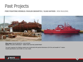 Past Projects
14
FIRE FIGHTING VESSELS: PAVLOS SKOURTIS / ILIAS GATSOS - NEW BUILDING
Ship name: PAVLOS SKOURTIS / ILIAS GATSOS
Owner: HELLENIC DEMOCRACY - GREEK FIRE FIGHTING DEPARTMENT
Two quick response Fire Fighting vessels were constructed with general dimensions LOA 32m and breadth of 7 meters.
Vessels specifications were similar to a navy vessel.
 