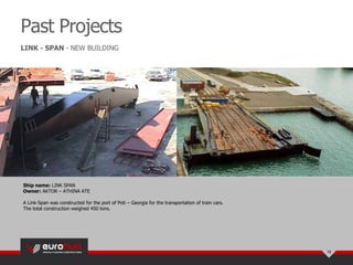 Ship name: LINK SPAN
Owner: AKTOR – ATHINA ATE
A Link-Span was constructed for the port of Poti – Georgia for the transportation of train cars.
The total construction weighed 450 tons.
Past Projects
16
LINK - SPAN - NEW BUILDING
 