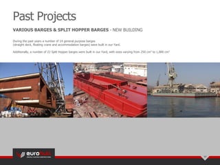 During the past years a number of 14 general purpose barges
(straight deck, floating crane and accommodation barges) were built in our Yard.
Additionally, a number of 22 Split Hopper barges were built in our Yard, with sizes varying from 250 cm3 to 1,000 cm3
Past Projects
17
VARIOUS BARGES & SPLIT HOPPER BARGES - NEW BUILDING
 