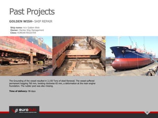 Past Projects
20
GOLDEN WISH- SHIP REPAIR
The Grounding of the vessel resulted in 2,150 Tons of steel Renewal. The vessel suffered
permanent hogging 760 mm, twisting clockwise 65 mm, a deformation at the main engine
foundation. The rudder post was also missing.
Time of delivery: 98 days
Ship name: m/v Golden Wish
Owner: Clemko Ship Management
Class: KOREAN REGISTER
 