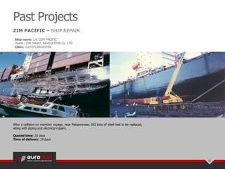Past Projects
21
ZIM PACIFIC – SHIP REPAIR
After a collision on maintain voyage, near Peloponnese, 202 tons of steel had to be replaced,
along with piping and electrical repairs.
Quoted time: 20 days
Time of delivery: 19 days
Ship name: c/v “ZIM PACIFIC”
Owner: ZIM ISRAEL NAVIGATION Co. LTD
Class: LLOYD’S REGISTER
 