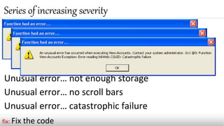 Series of increasing severity
Unusual error… not enough storage
Unusual error… no scroll bars
Unusual error… catastrophic failure
fix: Fix the code
 