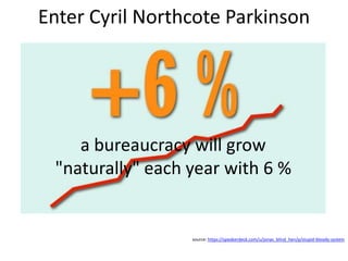 Enter Cyril Northcote Parkinson




    a bureaucracy will grow
 "naturally" each year with 6 %


                  source...