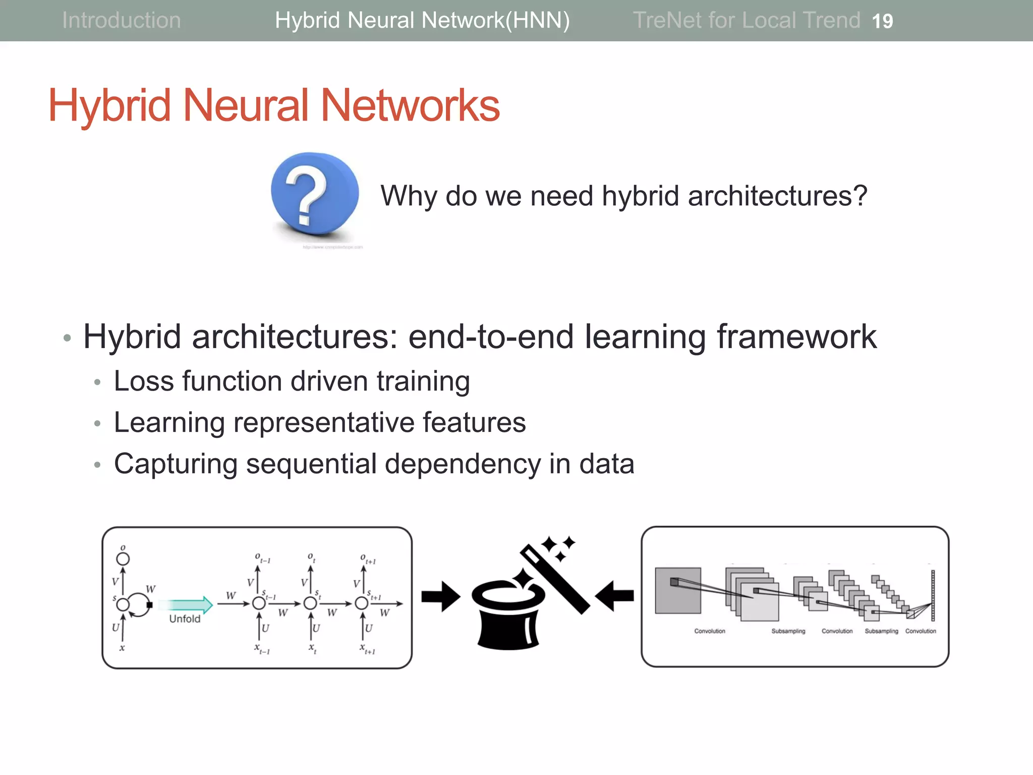 Hybrid Neural Networks
• Hybrid architectures: end-to-end learning framework
• Loss function driven training
• Learning representative features
• Capturing sequential dependency in data
19
Why do we need hybrid architectures?
Introduction Hybrid Neural Network(HNN) TreNet for Local Trend
 