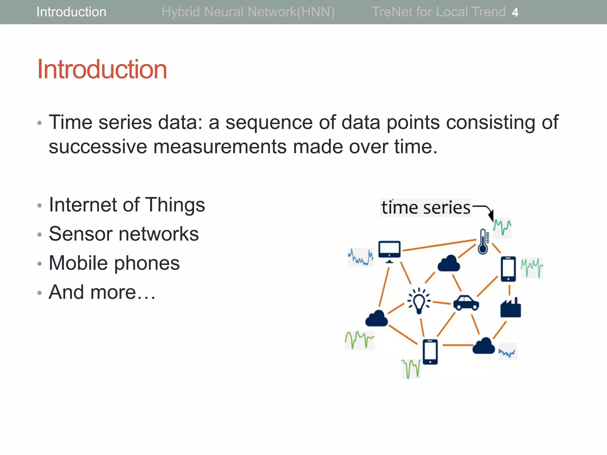 Introduction
• Time series data: a sequence of data points consisting of
successive measurements made over time.
• Internet of Things
• Sensor networks
• Mobile phones
• And more…
4Introduction Hybrid Neural Network(HNN) TreNet for Local Trend
 