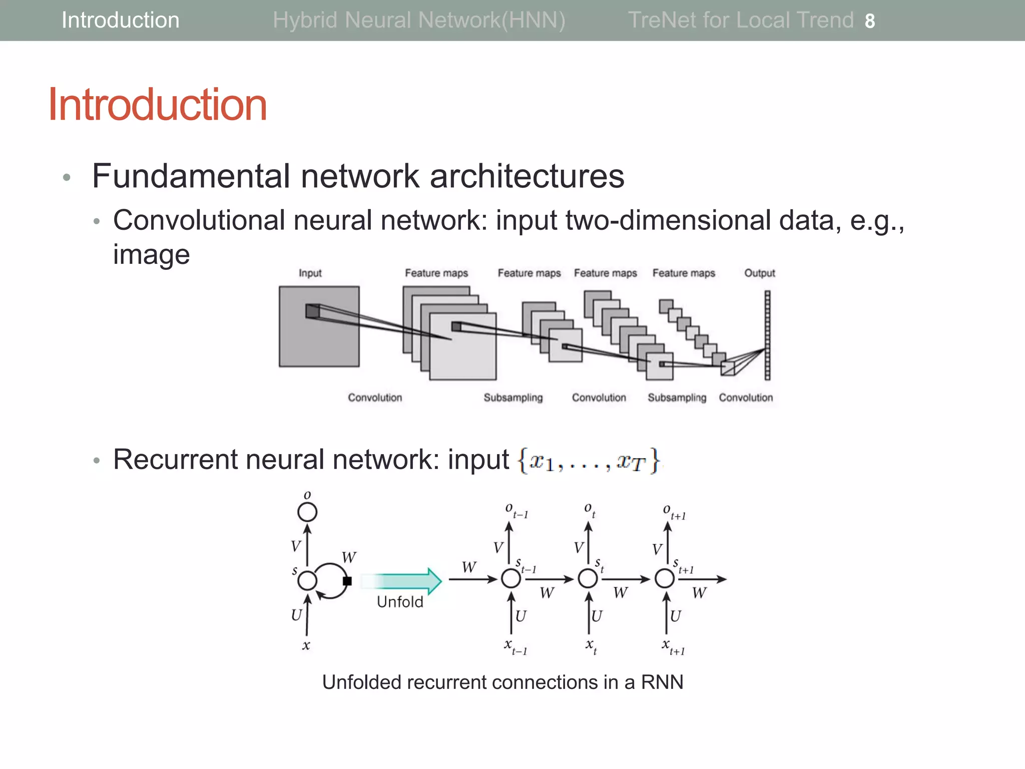 Introduction
• Fundamental network architectures
• Convolutional neural network: input two-dimensional data, e.g.,
image
• Recurrent neural network: input
8
Unfolded recurrent connections in a RNN
Introduction Hybrid Neural Network(HNN) TreNet for Local Trend
 