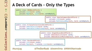 Collections.compare(()->{…})
@TheDonRaab @leomrlima @NikhilNanivade#eurojug
public class JDK8DeckOfCards {
private List<Card> cards;
private Map<Suit, List<Card>> cardsBySuit;
A Deck of Cards – Only the Types
public class ApacheCommonsDeckOfCards {
private List<Card> cards;
private MultiValuedMap<Suit, Card> cardsBySuit;
public class EclipseCollectionsDeckOfCards {
private ImmutableList<Card> cards;
private ImmutableListMultimap<Suit, Card> cardsBySuit;
public class GoogleGuavaDeckOfCards {
private ImmutableList<Card> cards;
private ImmutableListMultimap<Suit, Card> cardsBySuit;
public class VavrDeckOfCards {
private List<Card> cards;
private Map<Suit, ? extends List<Card>> cardsBySuit;
 