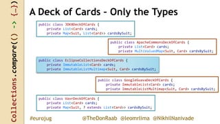 Collections.compare(()->{…})
@TheDonRaab @leomrlima @NikhilNanivade#eurojug
public class JDK8DeckOfCards {
private List<Card> cards;
private Map<Suit, List<Card>> cardsBySuit;
A Deck of Cards – Only the Types
public class ApacheCommonsDeckOfCards {
private List<Card> cards;
private MultiValuedMap<Suit, Card> cardsBySuit;
public class EclipseCollectionsDeckOfCards {
private ImmutableList<Card> cards;
private ImmutableListMultimap<Suit, Card> cardsBySuit;
public class GoogleGuavaDeckOfCards {
private ImmutableList<Card> cards;
private ImmutableListMultimap<Suit, Card> cardsBySuit;
public class VavrDeckOfCards {
private List<Card> cards;
private Map<Suit, ? extends List<Card>> cardsBySuit;
 