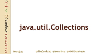 Collections.compare(()->{…})
@TheDonRaab @leomrlima @NikhilNanivade#eurojug
java.util.Collections
 