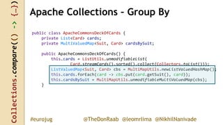 Collections.compare(()->{…})
@TheDonRaab @leomrlima @NikhilNanivade#eurojug
public class ApacheCommonsDeckOfCards {
private List<Card> cards;
private MultiValuedMap<Suit, Card> cardsBySuit;
public ApacheCommonsDeckOfCards() {
this.cards = ListUtils.unmodifiableList(
Card.streamCards().sorted().collect(Collectors.toList()));
ListValuedMap<Suit, Card> cbs = MultiMapUtils.newListValuedHashMap();
this.cards.forEach(card -> cbs.put(card.getSuit(), card));
this.cardsBySuit = MultiMapUtils.unmodifiableMultiValuedMap(cbs);
}
Apache Collections – Group By
 
