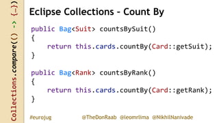 Collections.compare(()->{…})
@TheDonRaab @leomrlima @NikhilNanivade#eurojug
public Bag<Suit> countsBySuit()
{
return this.cards.countBy(Card::getSuit);
}
public Bag<Rank> countsByRank()
{
return this.cards.countBy(Card::getRank);
}
Eclipse Collections – Count By
 