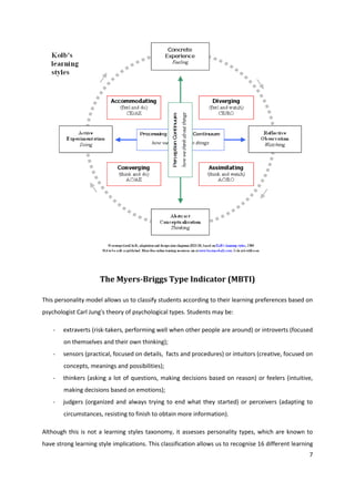 The Myers-Briggs Type Indicator (MBTI)

This personality model allows us to classify students according to their learning preferences based on
psychologist Carl Jung's theory of psychological types. Students may be:

    -   extraverts (risk-takers, performing well when other people are around) or introverts (focused
        on themselves and their own thinking);
    -   sensors (practical, focused on details, facts and procedures) or intuitors (creative, focused on
        concepts, meanings and possibilities);
    -   thinkers (asking a lot of questions, making decisions based on reason) or feelers (intuitive,
        making decisions based on emotions);
    -   judgers (organized and always trying to end what they started) or perceivers (adapting to
        circumstances, resisting to finish to obtain more information).

Although this is not a learning styles taxonomy, it assesses personality types, which are known to
have strong learning style implications. This classification allows us to recognise 16 different learning
                                                                                                       7
 