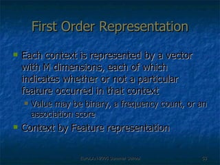 First Order Representation Each context is represented by a vector with M dimensions, each of which indicates whether or not a particular feature occurred in that context Value may be binary, a frequency count, or an association score Context by Feature representation 