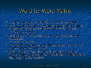 Word by Word Matrix … can also be used to identify sets of related words In the case of bigrams, rows represent the first word in a bigram and columns represent the second word Matrix is asymmetric In the case of co-occurrences, rows and columns are equivalent Matrix is symmetric The vector (row) for each word represent a set of first order features for that word Each word in a context to be clustered for which a vector exists (in the word by word matrix) is replaced by that vector in that context 