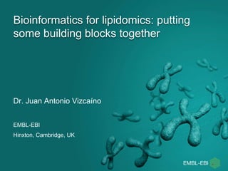 Bioinformatics for lipidomics: putting 
some building blocks together 
Dr. Juan Antonio Vizcaíno 
EMBL-EBI 
Hinxton, Cambridge, UK 
 