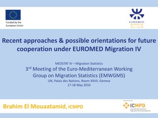 Recent approaches & possible orientations for future
cooperation under EUROMED Migration IV
MEDSTAT IV – Migration Statistics
3rd Meeting of the Euro-Mediterranean Working
Group on Migration Statistics (EMWGMS)
UN, Palais des Nations, Room XXVII, Geneva
17-18 May 2016
Brahim El Mouaatamid, ICMPD
Funded by the
European Union
 