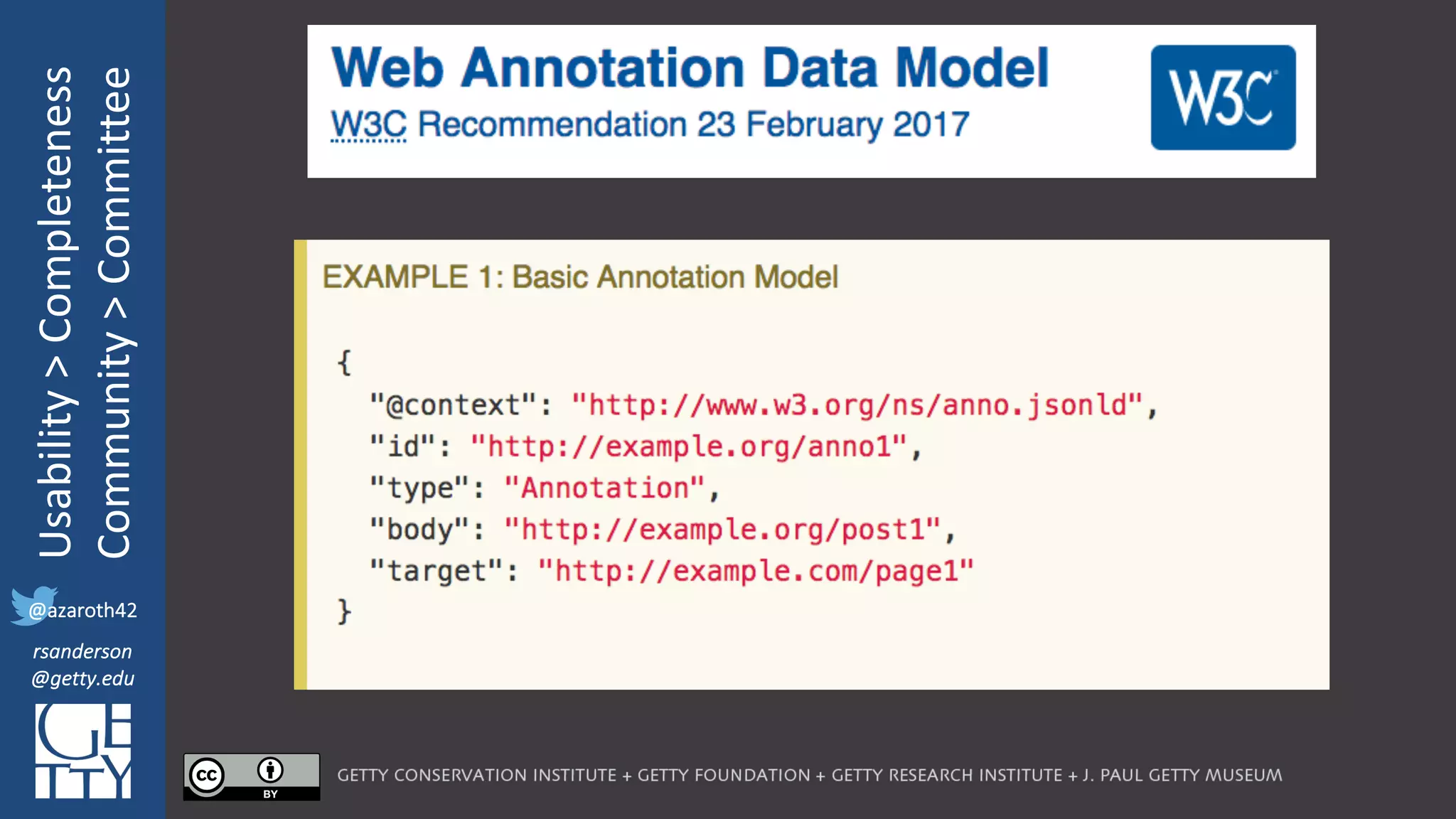 @azaroth42
rsanderson
@getty.edu
IIIF:	Interoperabilituy
Usability	>	Completeness
Community	>	Committee
@azaroth42
rsanderson
@getty.edu
 