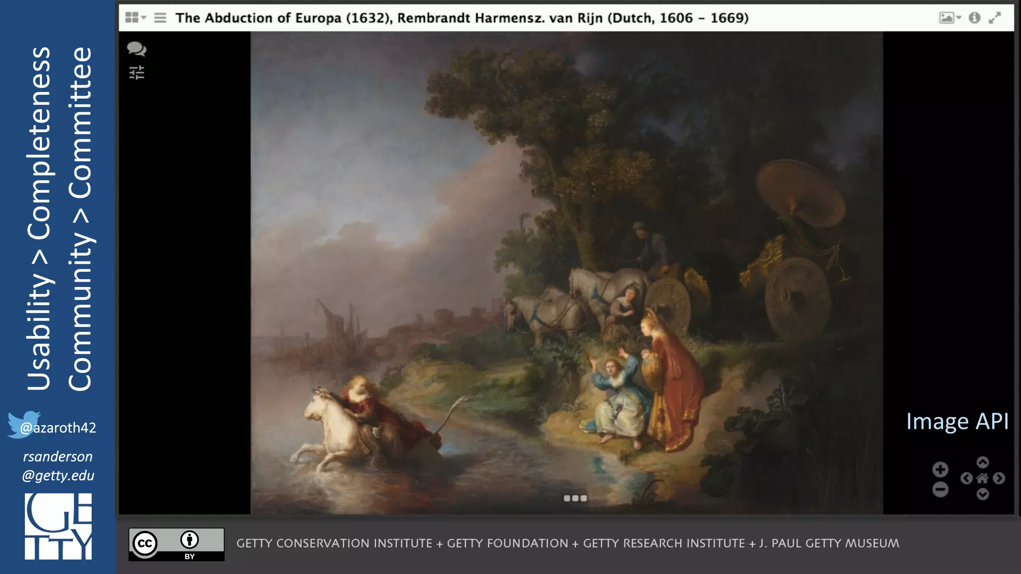@azaroth42
rsanderson
@getty.edu
IIIF:	Interoperabilituy
Usability	>	Completeness
Community	>	Committee
@azaroth42
rsanderson
@getty.edu
Image	API
 