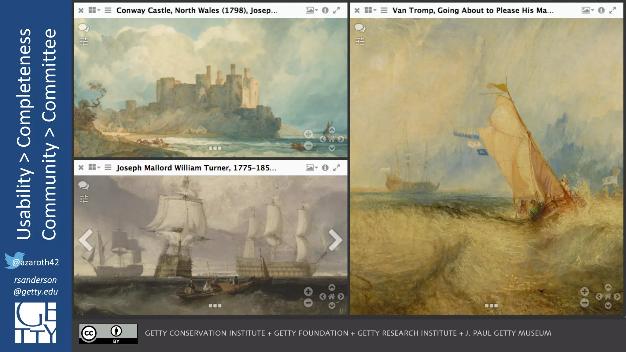 @azaroth42
rsanderson
@getty.edu
IIIF:	Interoperabilituy
Usability	>	Completeness
Community	>	Committee
@azaroth42
rsanderson
@getty.edu
I	want	to	
compare	objects
 