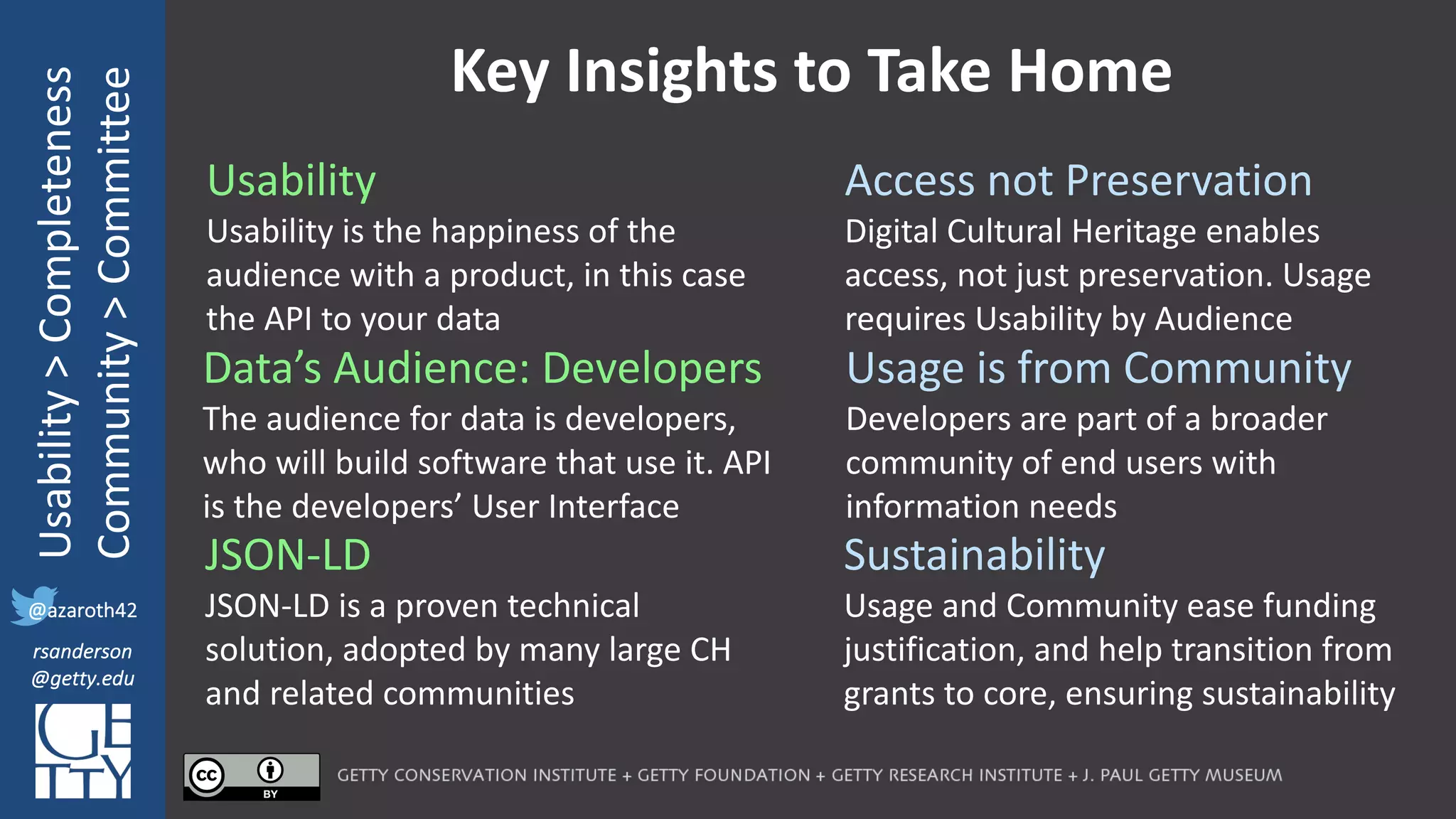 @azaroth42
rsanderson
@getty.edu
IIIF:	Interoperabilituy
Usability	>	Completeness
Community	>	Committee
@azaroth42
rsanderson
@getty.edu
Key	Insights	to	Take	Home
Usability
Usability	is	the	happiness	of	the	
audience	with	a	product,	in	this	case	
the	API	to	your	data
Data’s	Audience:	Developers
The	audience	for	data	is	developers,	
who	will	build	software	that	use	it.	API	
is	the	developers’	User	Interface
JSON-LD
JSON-LD	is	a	proven	technical	
solution,	adopted	by	many	large	CH	
and	related	communities
Access	not	Preservation
Digital	Cultural	Heritage	enables	
access,	not	just	preservation.	Usage	
requires	Usability	by	Audience
Usage	is	from	Community
Developers	are	part	of	a	broader	
community	of	end	users	with	
information	needs
Sustainability
Usage	and	Community	ease	funding	
justification,	and	help	transition	from	
grants	to	core,	ensuring	sustainability
 