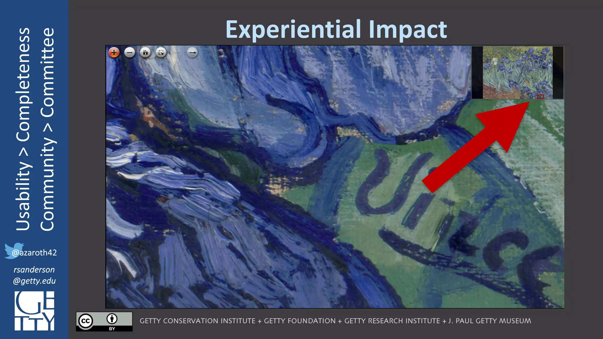 @azaroth42
rsanderson
@getty.edu
IIIF:	Interoperabilituy
Usability	>	Completeness
Community	>	Committee
@azaroth42
rsanderson
@getty.edu
Experiential	Impact
 