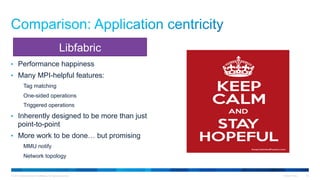 © 2015 Cisco and/or its affiliates. All rights reserved. Cisco Public 22
•  Performance happiness
•  Many MPI-helpful features:
Tag matching
One-sided operations
Triggered operations
•  Inherently designed to be more than just
point-to-point
•  More work to be done… but promising
MMU notify
Network topology
Libfabric
 