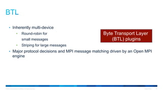 © 2015 Cisco and/or its affiliates. All rights reserved. Cisco Public 27
•  Inherently multi-device
•  Round-robin for
small messages
•  Striping for large messages
•  Major protocol decisions and MPI message matching driven by an Open MPI
engine
Byte Transport Layer
(BTL) plugins
 