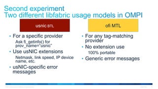 © 2015 Cisco and/or its affiliates. All rights reserved. Cisco Public 37
•  For a specific provider
Ask fi_getinfo() for
prov_name=“usnic”
•  Use usNIC extensions
Netmask, link speed, IP device
name, etc.
•  usNIC-specific error
messages
•  For any tag-matching
provider
•  No extension use
100% portable
•  Generic error messages
usnic BTL ofi MTL
 