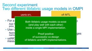 © 2015 Cisco and/or its affiliates. All rights reserved. Cisco Public 38
•  For a specific provider
Ask fi_getinfo() for
prov_name=“usnic”
•  Use usNIC extensions
Netmask, link speed, IP device
name, etc.
•  usNIC-specific error
messages
•  For any tag-matching
provider
•  No extension use
100% portable
•  Generic error messages
usnic BTL ofi MTL
Both libfabric usage models co-exist
(and play well with each other)
inside a single MPI implementation.
Proof positive
of successful co-design
of libfabric and MPI implementations.
 