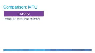 © 2015 Cisco and/or its affiliates. All rights reserved. Cisco Public 7
•  Integer (not enum) endpoint attribute
Libfabric
 