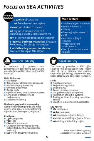 13
Focus on SEA ACTIVITIES
2 730 km of coastline
1st French maritime region
100 000 jobs linked to the sea
1st region in marine science &
technologies with 2 900 researchers
50% of French oceanographic research
2 regional business networks: Bretagne
Pôle Naval, Eurolarge Innovation
A world leading innovation cluster:
Pôle Mer Bretagne Atlantique
• Shipbuilding & ship repair
• Nautical industry
• Fishing
• Oceanographic research
• MRE
• Maritime safety &
security
• Protection of the
environment
• Use of marine resources
(algae)
Main sectors
Nautical Industry Naval Industry
A network of partners and
subcontractors facilitating synergy and
providing innovation at all stages of the
industry.
Main R&D areas
e Eco-design
e Reduction of atmospheric emissions
e Maritime safety & security
e Onboard electronics
e Design tools
e Optimization of production processes
e Simulation & forecasting of
performance
e Sustainable fishing
The leading region for ocean racing:
world renowned shipyards, the most
experienced sailors, the best training
organization, home ports, regattas ...
Key figures
e 1 300 companies
e 7 000 jobs
e €600 million turnover
e 1st region for new registrations,
active fleet, berthing capacity for
yachting
e 55 ports and 533 mooring areas
The Industry provides a 360° offer
covering the construction and repair
sites of navy, military and civilian
ships used for fishing, pleasure cruises,
oceanography and passenger transport.
Skills
e Naval architecture
e Project management
e Shipbuilding
e Repairs & modernization
e Design & supply of equipment
e Integration of built-in systems
e Testing facilities & putting them into
service
e Logistics, maintenance & associated
Key figures
e 780 companies
e 11,600 employees
e 1st ship repair region in France
e 2nd civil shipbuilding region in France
e 1st military shipbuilding region
www.invest-in-bretagne.org
contact@invest-in-bretagne.org
 