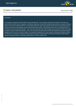 TEST RESULTS
Comments
The passenger compartment remained stable in the frontal offset test. Dummy readings indicated good protection of the knees and
femurs of both the driver and front passenger. Alfa Romeo showed that a similar level of protection was provided to occupants of different
sizes and to those sat in different positions. In the full-width rigid barrier impact, good protection was provided to all critical body areas of
both the driver and the rear passenger, and the Giulia scored maximum points. Full points were scored, too, in the side barrier test, all
critical parts of the body being well protected. In the more severe side pole impact, good protection was provided to all body areas except
the chest, protection of which was adequate. Tests of the front seats and head restraints showed demonstrated good protection against
whiplash injury in the event of a rear-end collision, and a geometric assessment of the rear seats also indicated good whiplash protection.
The Giulia has an autonomous emergency braking system as standard and tests showed it provided good protection against whiplash
injuries in low-speed accidents, successfully avoiding impact in all of Euro NCAP's tests.
ADULT OCCUPANT Total 37.4 Pts / 98%
Euro NCAP © Alfa Romeo Giulia June 2016 4/10
Version210616
 
