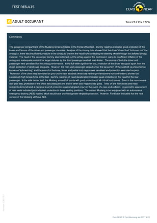 TEST RESULTS
Comments
The passenger compartment of the Mustang remained stable in the frontal offset test. Dummy readings indicated good protection of the
knees and femurs of the driver and passenger dummies. Analysis of the dummy data showed that the driver's head had 'bottomed out' the
airbag i.e. there was insufficient pressure in the airbag to prevent the head from contacting the steering wheel through the deflated airbag
material. The head of the passenger dummy also bottomed out the airbag against the dashboard, owing to insufficient inflation of the
airbag and inadequate restraint for larger statures by the front passenger seatbelt load-limiter. The scores of both the driver and
passenger were penalised for the airbag performance. In the full-width rigid barrier test, protection of the driver was good apart from the
chest, protection of which was adequate. However, the rear seat passenger slipped under the lap portion of the seatbelt (a phenomenon
known as 'submarining') and the score for the knee, femur and pelvis body region was penalised and protection was rated as poor.
Protection of the chest was also rated as poor as the rear seatbelt (which has neither pre-tensioners nor load-limiters) showed an
excessively high tensile force in the test. Dummy readings of head deceleration indicated weak protection of the head for the rear
passenger. In the side barrier test, the Mustang scored full points with good protection of all critical body areas. Even in the more severe
side pole test, protection of the chest was adequate and that of other body regions was good. Tests on the front seats and head
restraints demonstrated a marginal level of protection against whiplash injury in the event of a rear-end collision. A geometric assessment
of rear seats indicated poor whiplash protection in these seating positions. The current Mustang is not equipped with an autonomous
emergency braking (AEB) system, which would have provided greater whiplash protection. However, Ford have indicated that the next
version of the Mustang will have AEB.
ADULT OCCUPANT Total 27.7 Pts / 72%
Euro NCAP © Ford Mustang Jan 2017 4/11
Version230117
 