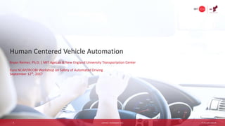 1 © 2017 MIT AGELAB – PROPRIETARY AND CONFIDENTIAL.
© 2017 MIT AGELABCONTACT: REIMER@MIT.EDU
Bryan Reimer, Ph.D. | MIT AgeLab & New England University Transportation Center
Euro NCAP/IRCOBI Workshop on Safety of Automated Driving
September 12th, 2017
Human Centered Vehicle Automation
1
 