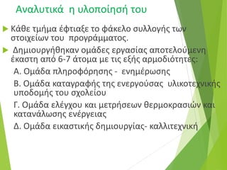 Αναλυτικά η υλοποίησή του
 Κάθε τμήμα έφτιαξε το φάκελο συλλογής των
στοιχείων του προγράμματος.
 Δημιουργήθηκαν ομάδες εργασίας αποτελούμενη
έκαστη από 6-7 άτομα με τις εξής αρμοδιότητες:
Α. Ομάδα πληροφόρησης - ενημέρωσης
Β. Ομάδα καταγραφής της ενεργούσας υλικοτεχνικής
υποδομής του σχολείου
Γ. Ομάδα ελέγχου και μετρήσεων θερμοκρασιών και
κατανάλωσης ενέργειας
Δ. Ομάδα εικαστικής δημιουργίας- καλλιτεχνική
 