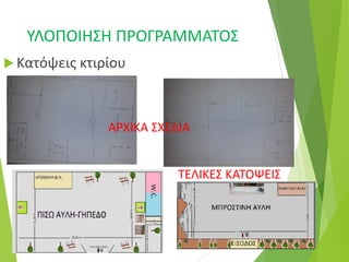 ΥΛΟΠΟΙΗΣΗ ΠΡΟΓΡΑΜΜΑΤΟΣ
 Κατόψεις κτιρίου
ΑΡΧΙΚΑ ΣΧΕΔΙΑ
ΤΕΛΙΚΕΣ ΚΑΤΟΨΕΙΣ
 